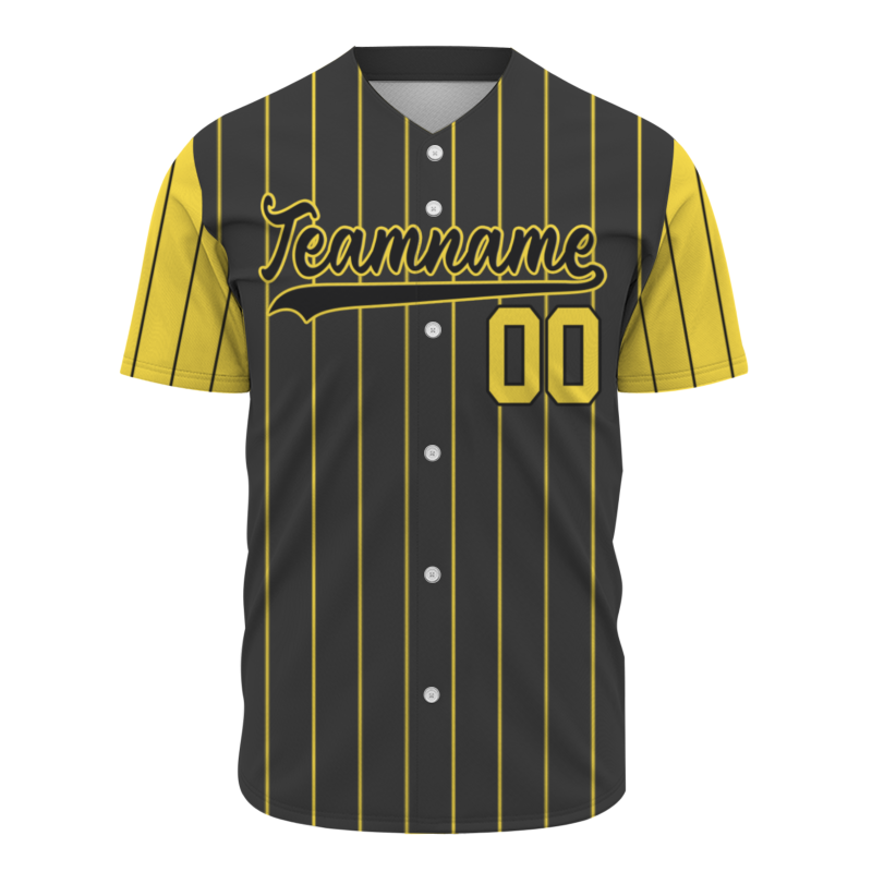 Custom Dark Gray Black-Yellow Stripe Fashion Design Full Button Authentic Baseball Jersey