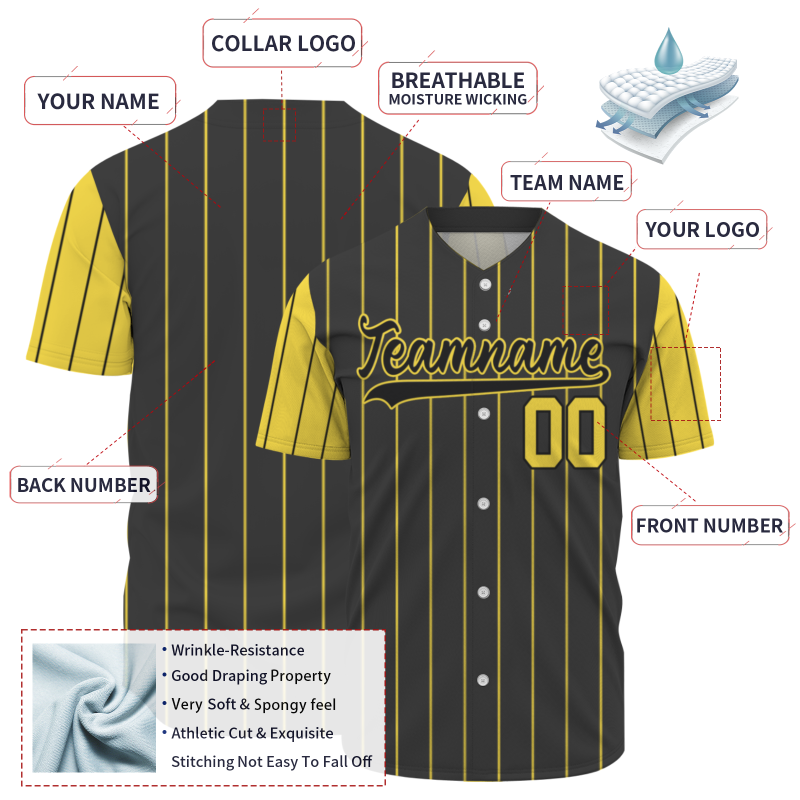 Custom Dark Gray Black-Yellow Stripe Fashion Design Full Button Authentic Baseball Jersey