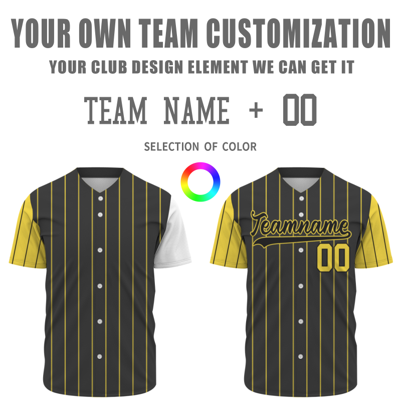 Custom Dark Gray Black-Yellow Stripe Fashion Design Full Button Authentic Baseball Jersey