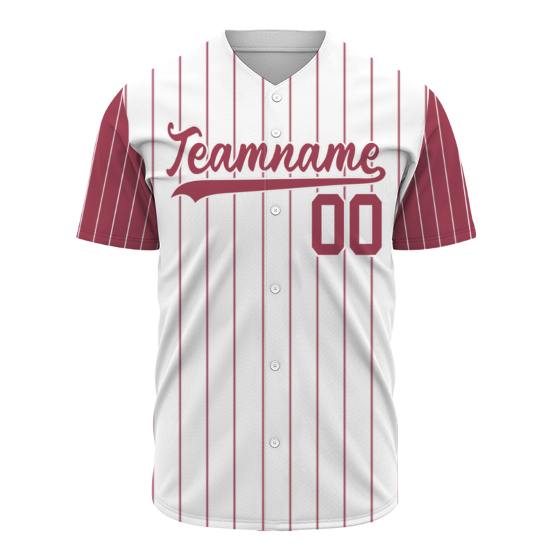 Custom White Dark Red-White Stripe Fashion Design Full Button Authentic Baseball Jersey