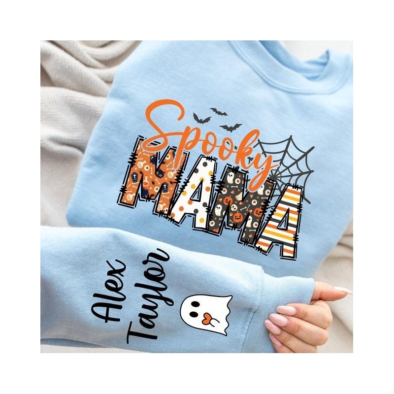 Custom Halloween Spooky Mama Sweatshirt with Kids Name on Sleeve Sweatshirt