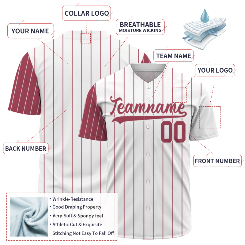 Custom White Dark Red-White Stripe Fashion Design Full Button Authentic Baseball Jersey