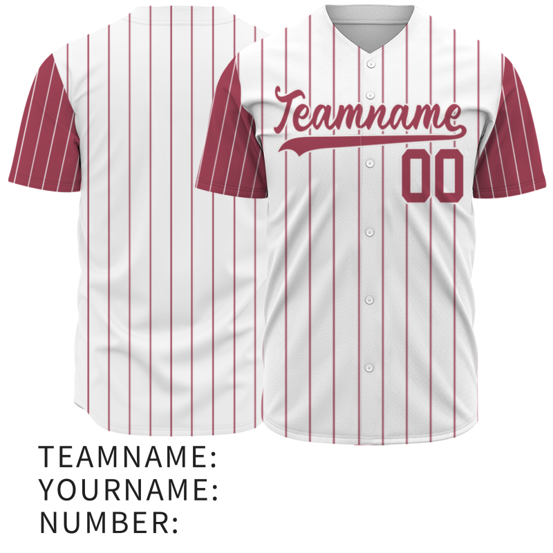 Custom White Dark Red-White Stripe Fashion Design Full Button Authentic Baseball Jersey