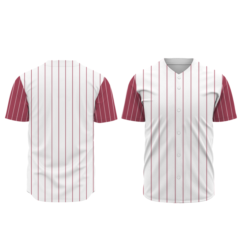 Custom White Dark Red-White Stripe Fashion Design Full Button Authentic Baseball Jersey