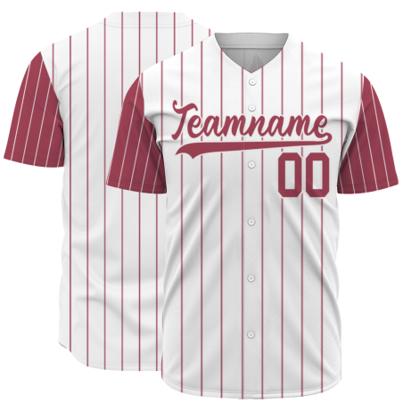 Custom White Dark Red-White Stripe Fashion Design Full Button Authentic Baseball Jersey