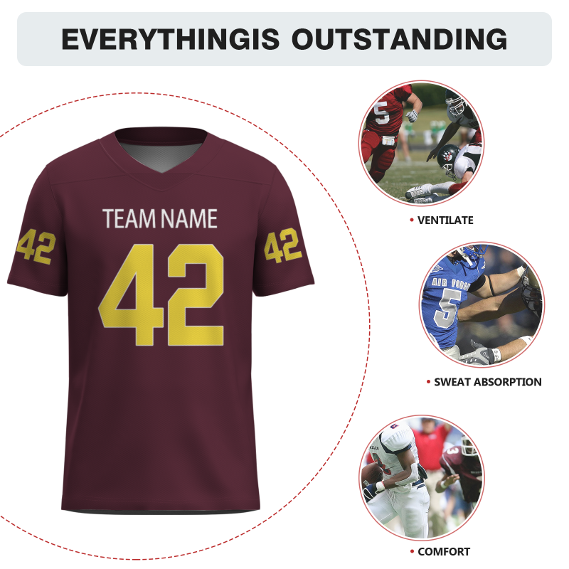 Custom Wine Red Yellow-White Classic Style Mesh Authentic Football Jersey