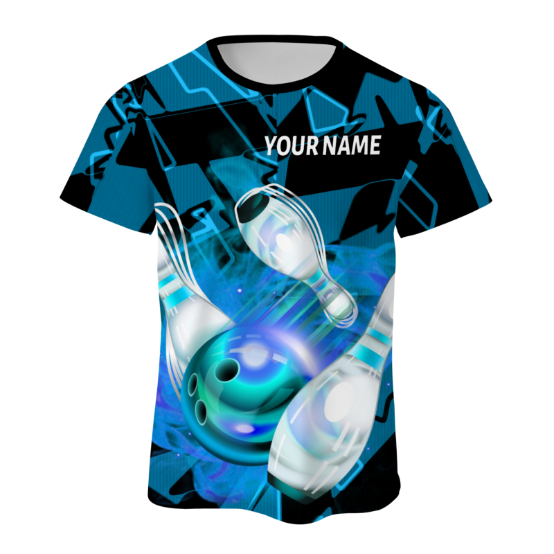 Custom Blue White 3D Pattern Design Pulse Bowling Performance T-Shirt