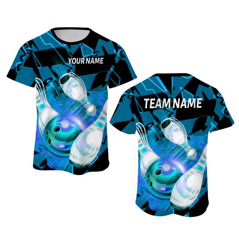 Custom Blue White 3D Pattern Design Pulse Bowling Performance T-Shirt