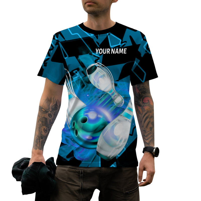 Custom Blue White 3D Pattern Design Pulse Bowling Performance T-Shirt