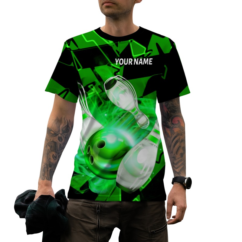 Custom Green White 3D Pattern Design Pulse Bowling Performance T-Shirt