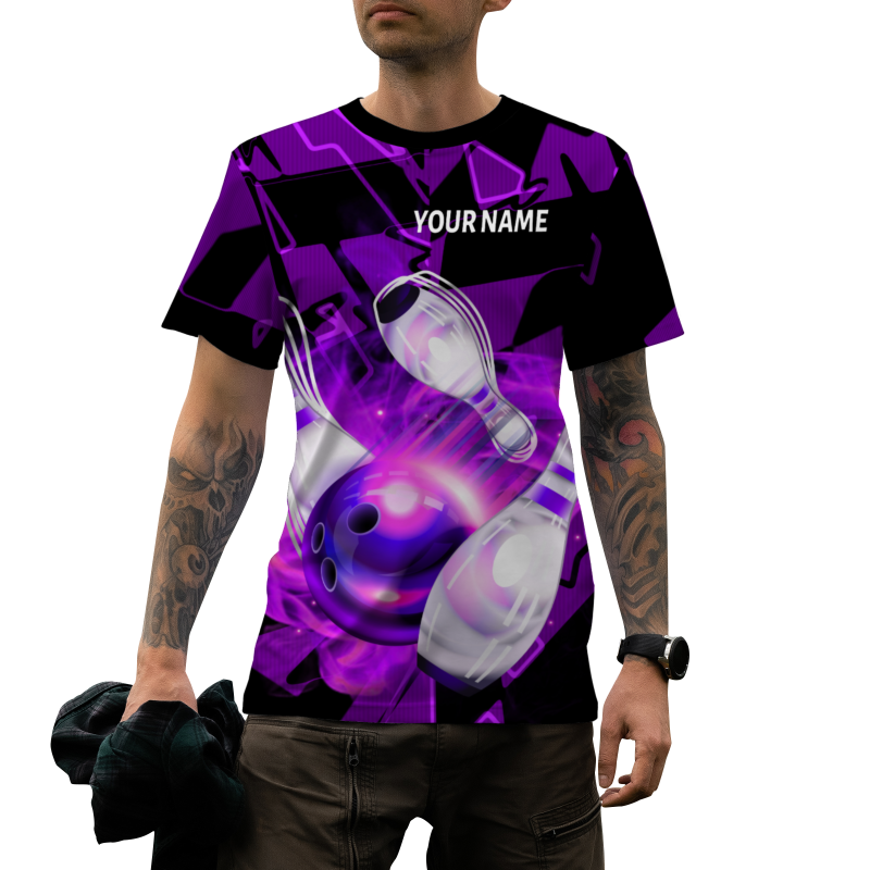 Custom Purple White  3D Pattern Design Pulse Bowling Performance T-Shirt