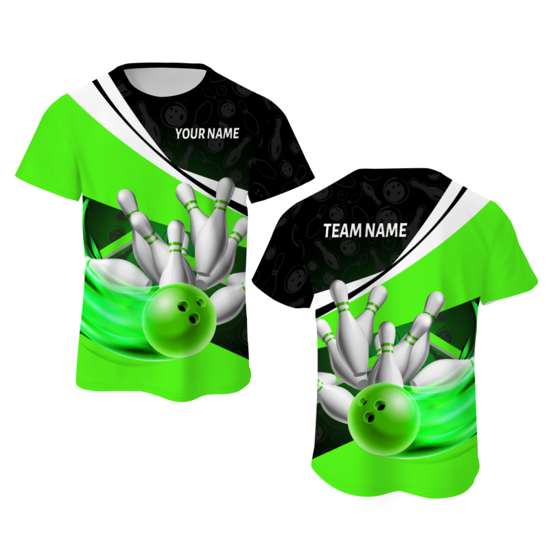 Custom Black Green White Bowling Ball 3D Performance T-Shirt