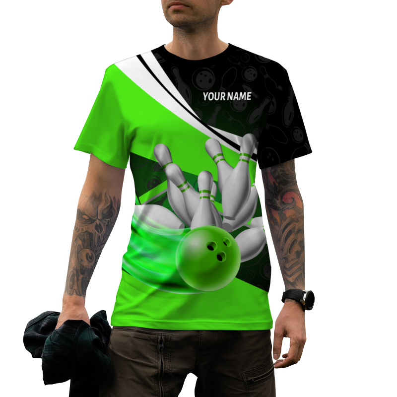 Custom Black Green White Bowling Ball 3D Performance T-Shirt