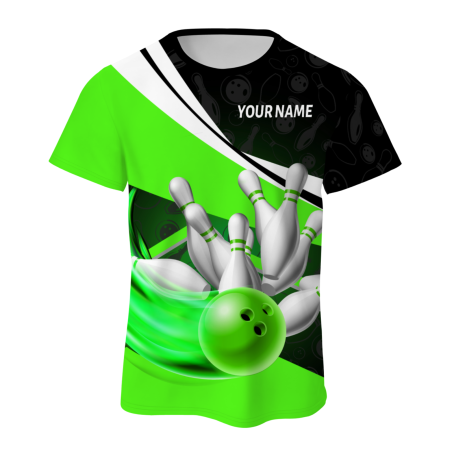 Custom Black Green White Bowling Ball 3D Performance T-Shirt