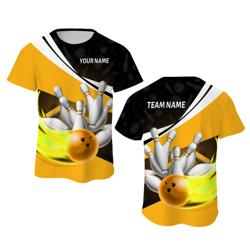 Custom Black Gold White Bowling Ball 3D Performance T-Shirt