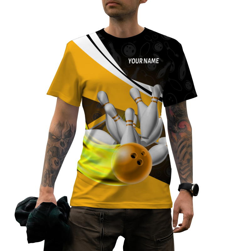 Custom Black Gold White Bowling Ball 3D Performance T-Shirt