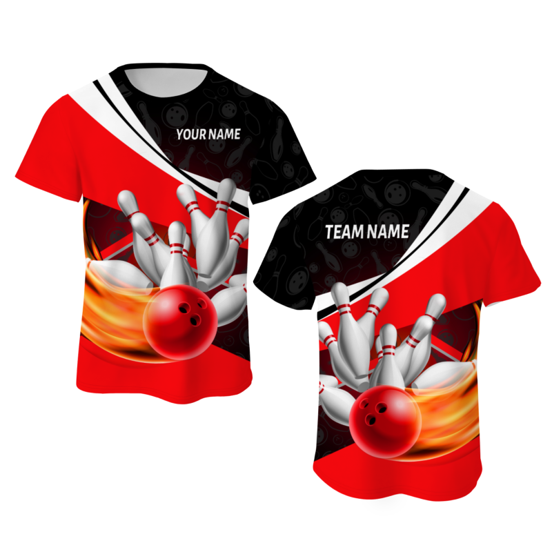 Custom Black Red White Bowling Ball 3D Performance T-Shirt