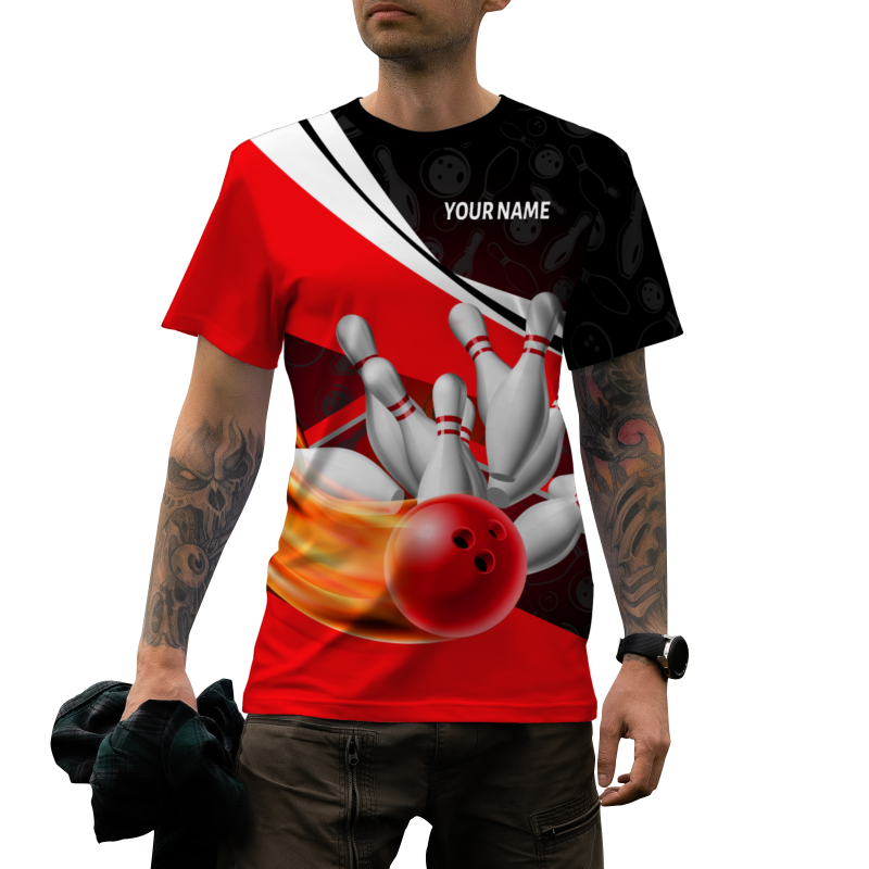 Custom Black Red White Bowling Ball 3D Performance T-Shirt