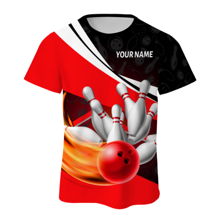 Custom Black Red White Bowling Ball 3D Performance T-Shirt