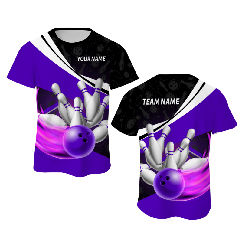 Custom Black Purple White Bowling Ball 3D Performance T-Shirt