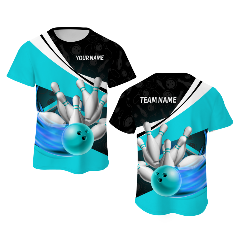 Custom Black Aqua White Bowling Ball 3D Performance T-Shirt