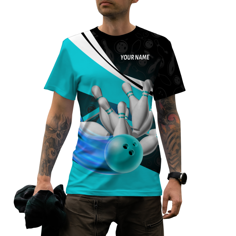 Custom Black Aqua White Bowling Ball 3D Performance T-Shirt