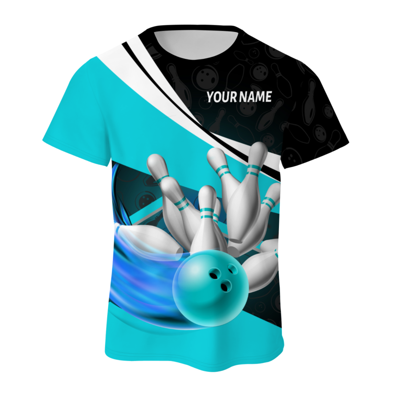 Custom Black Aqua White Bowling Ball 3D Performance T-Shirt