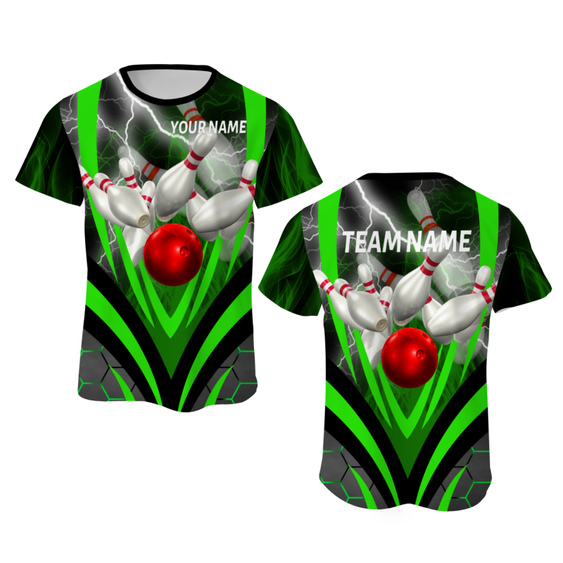 Custom Black Green White Lightning Bowling Ball 3D Performance T-Shirt