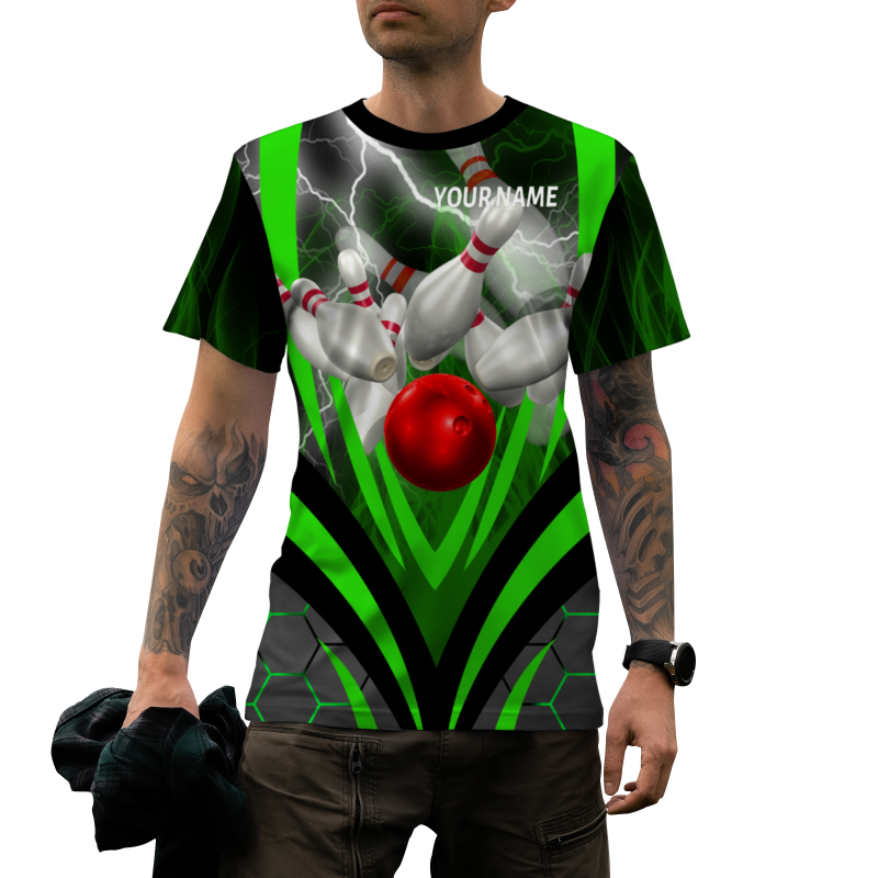 Custom Black Green White Lightning Bowling Ball 3D Performance T-Shirt