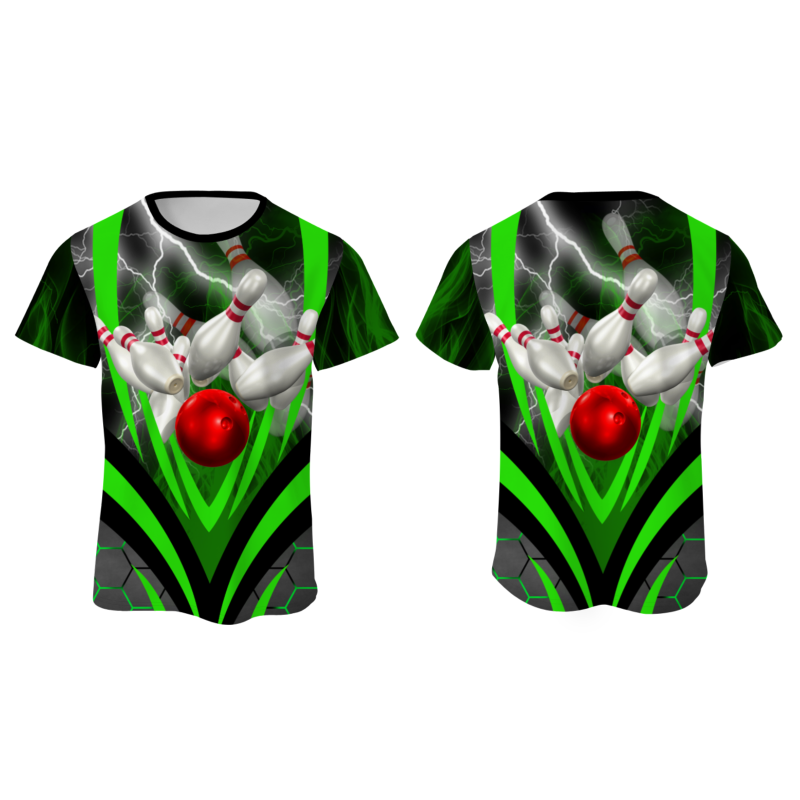 Custom Black Green White Lightning Bowling Ball 3D Performance T-Shirt