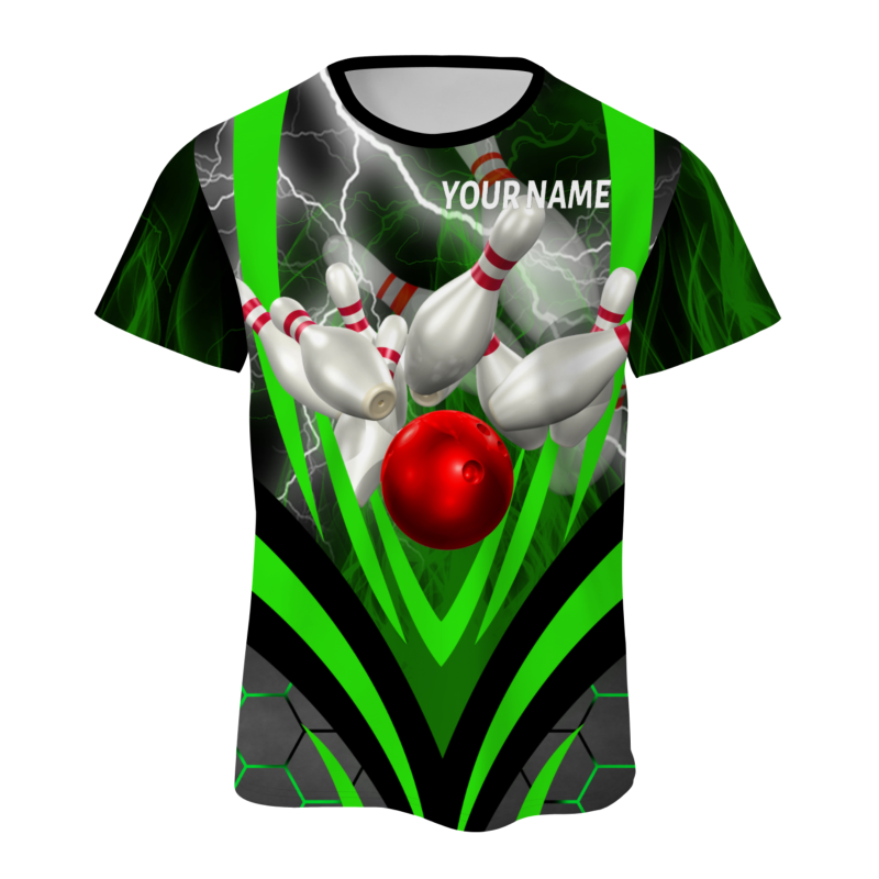 Custom Black Green White Lightning Bowling Ball 3D Performance T-Shirt