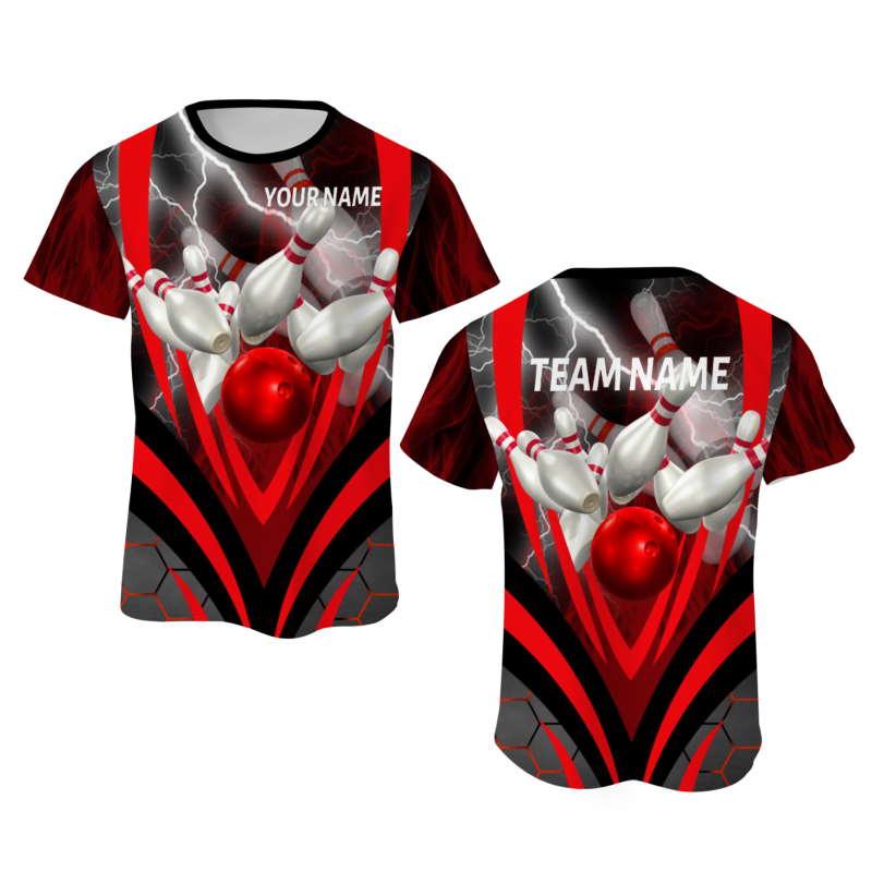 Custom Black Red White Lightning Bowling Ball 3D Performance T-Shirt