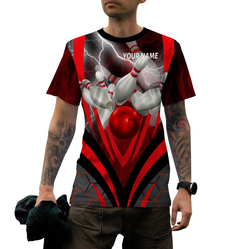 Custom Black Red White Lightning Bowling Ball 3D Performance T-Shirt