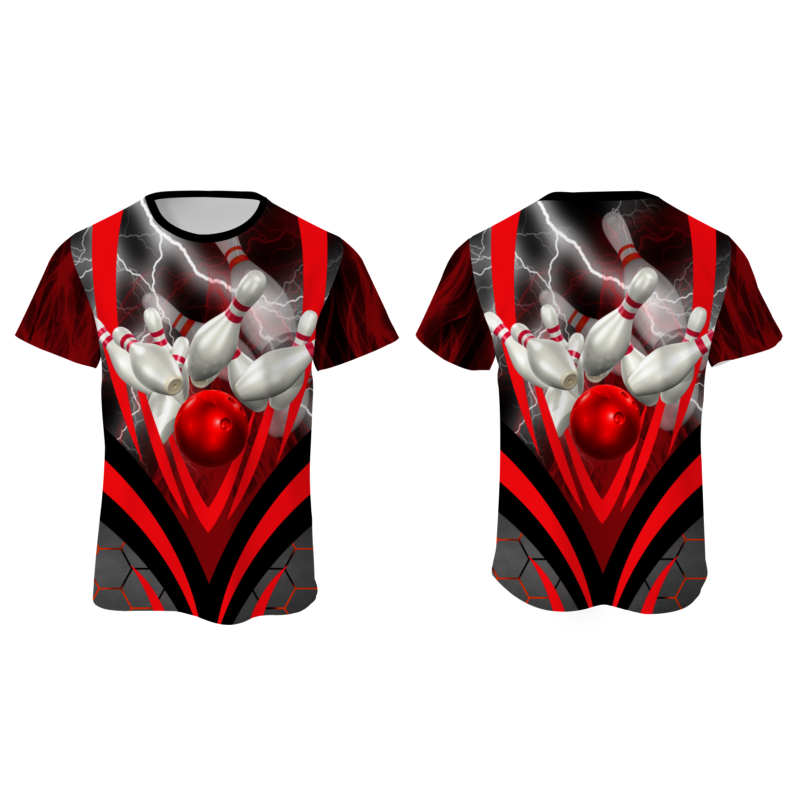 Custom Black Red White Lightning Bowling Ball 3D Performance T-Shirt