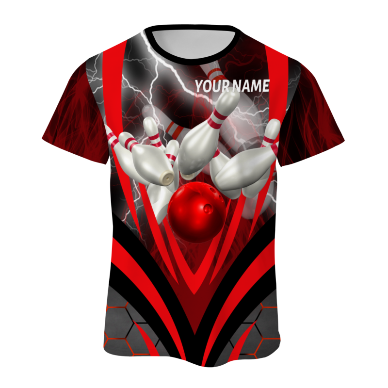 Custom Black Red White Lightning Bowling Ball 3D Performance T-Shirt