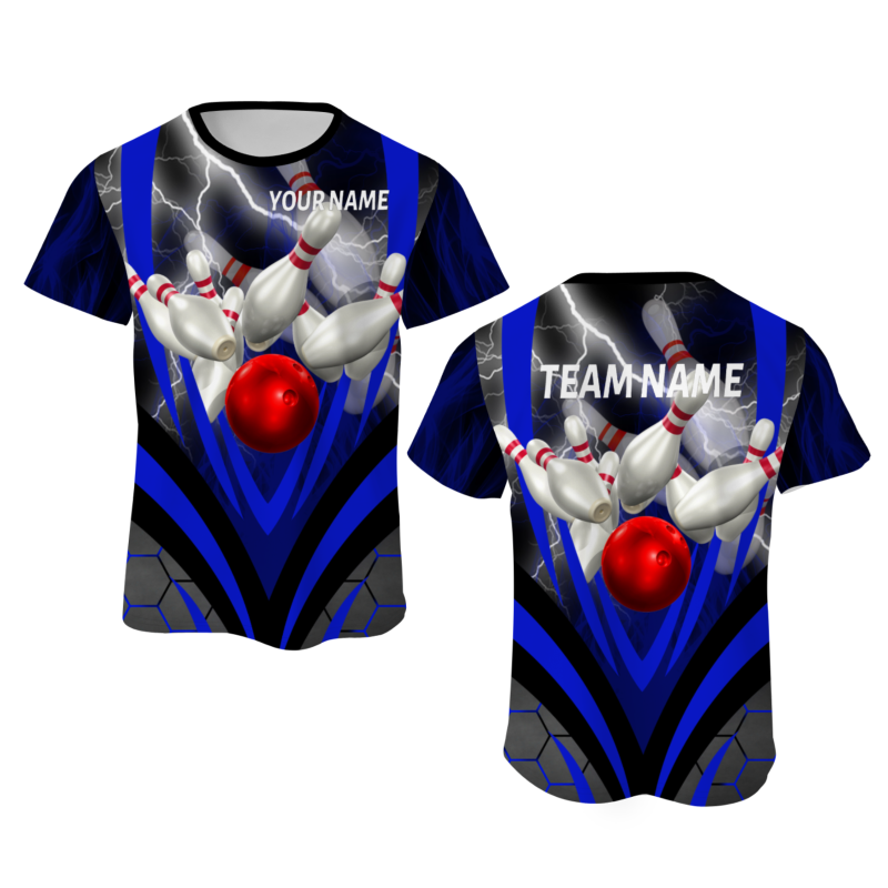 Custom Black Bluish Violet White Lightning Bowling Ball 3D Performance T-Shirt