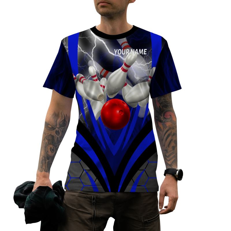 Custom Black Bluish Violet White Lightning Bowling Ball 3D Performance T-Shirt