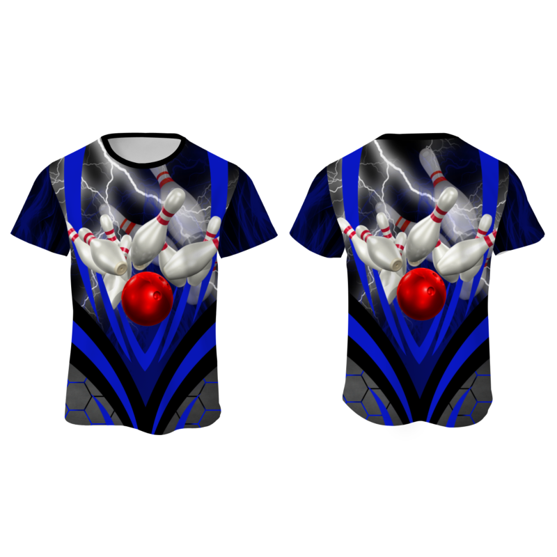 Custom Black Bluish Violet White Lightning Bowling Ball 3D Performance T-Shirt