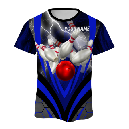 Custom Black Bluish Violet White Lightning Bowling Ball 3D Performance T-Shirt