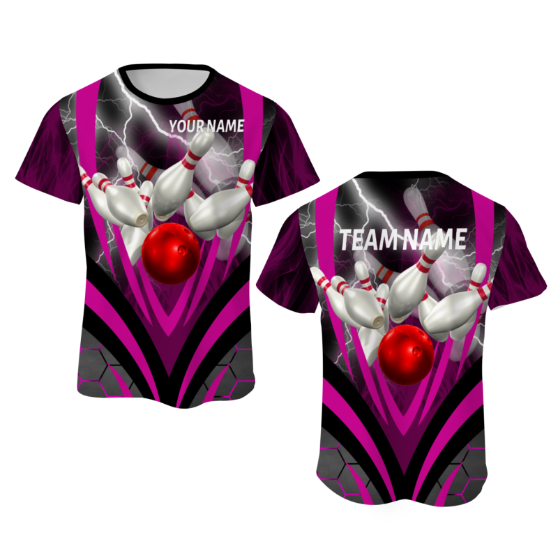 Custom Black Rose Red  White Lightning Bowling Ball 3D Performance T-Shirt