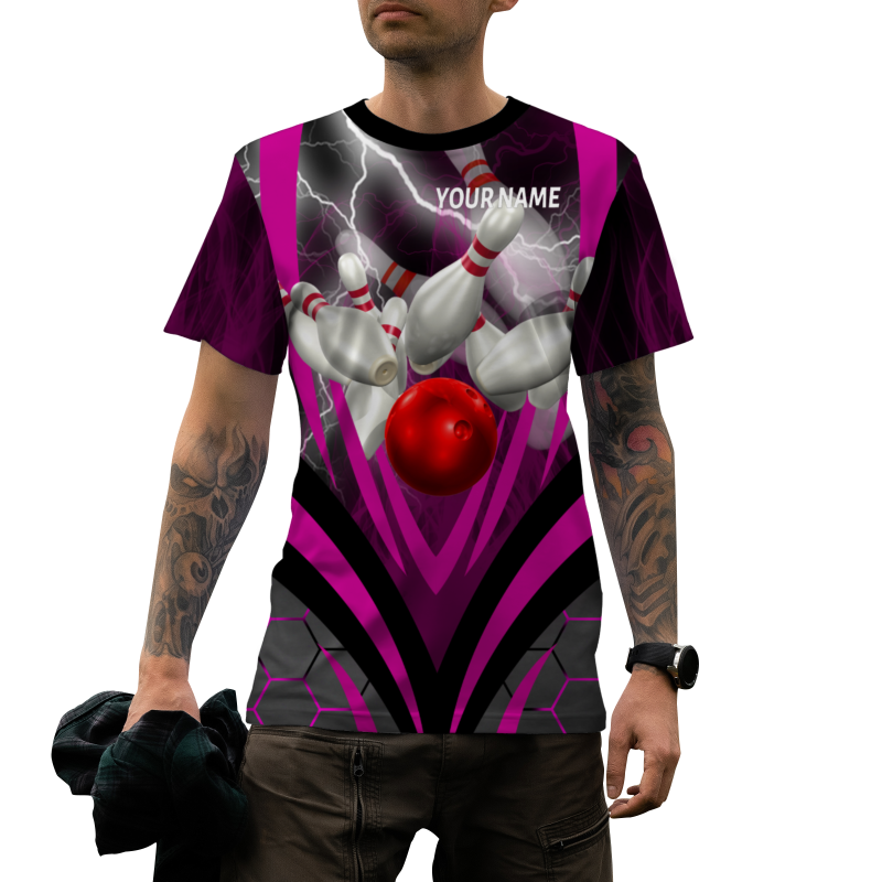 Custom Black Rose Red  White Lightning Bowling Ball 3D Performance T-Shirt