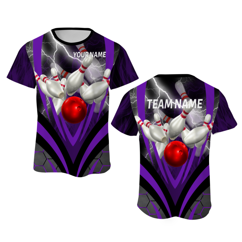 Custom Black Purple White Lightning Bowling Ball 3D Performance T-Shirt