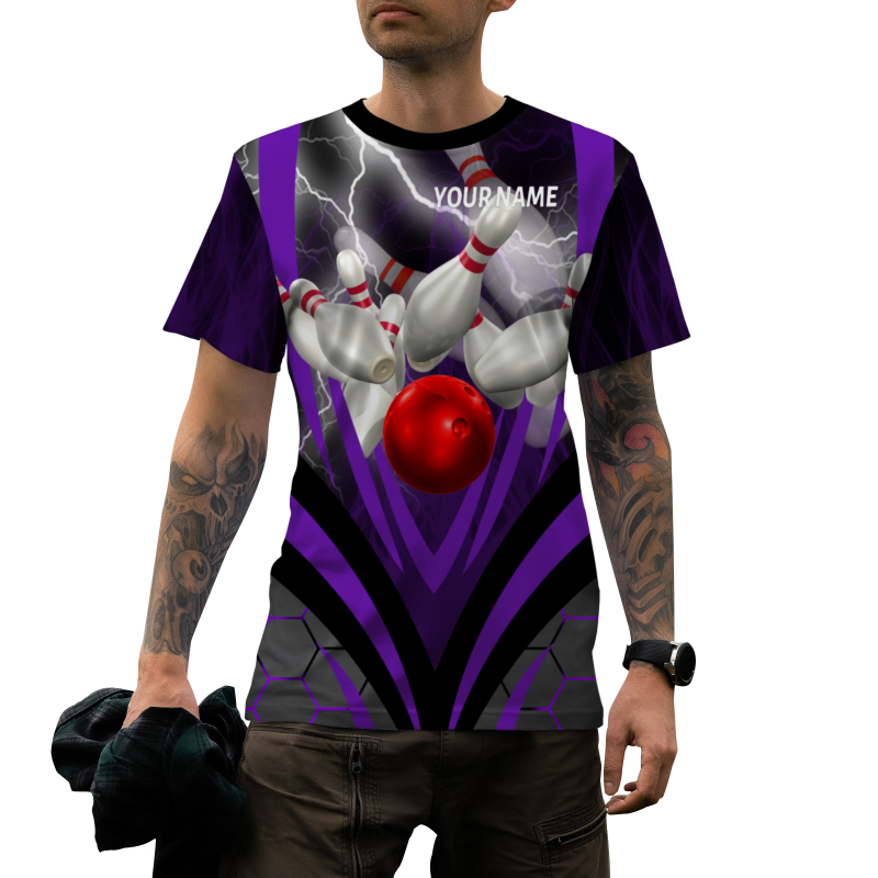 Custom Black Purple White Lightning Bowling Ball 3D Performance T-Shirt