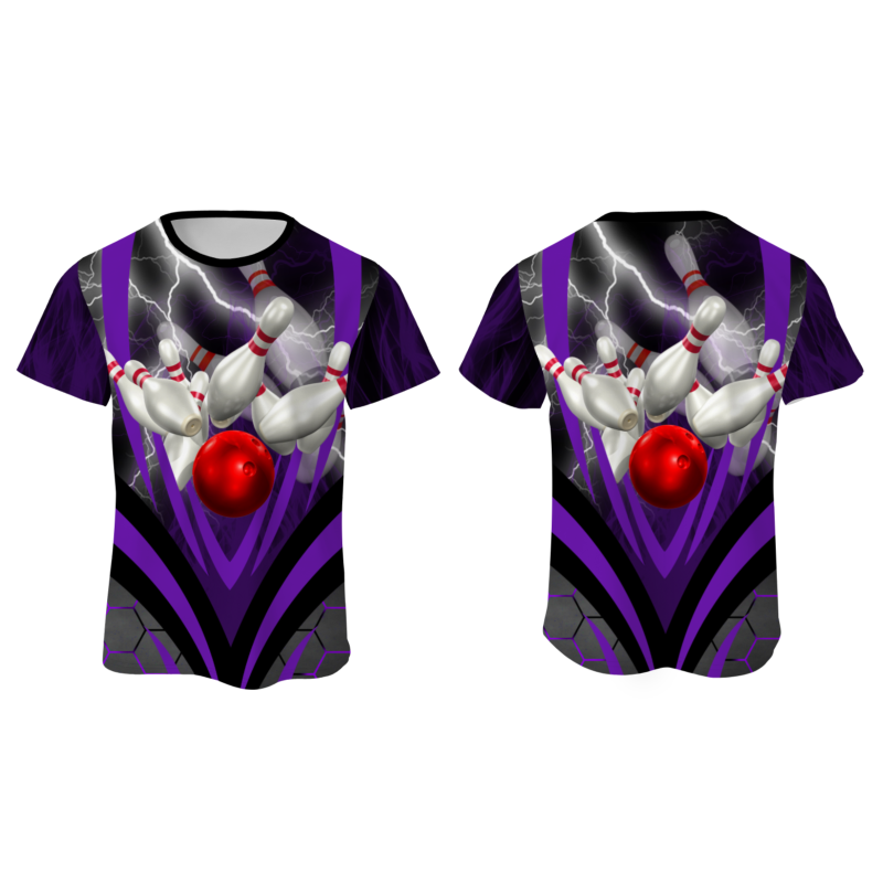 Custom Black Purple White Lightning Bowling Ball 3D Performance T-Shirt