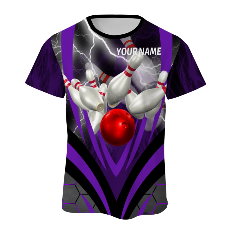 Custom Black Purple White Lightning Bowling Ball 3D Performance T-Shirt