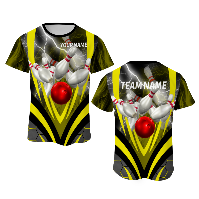 Custom  Black Yellow White Lightning Bowling Ball 3D Performance T-Shirt