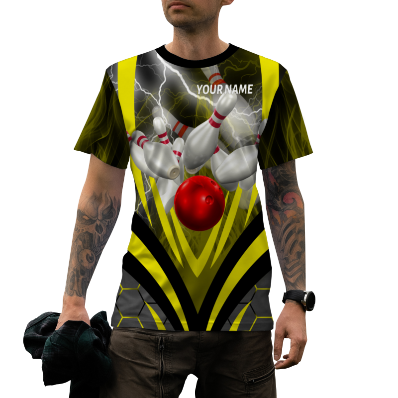 Custom  Black Yellow White Lightning Bowling Ball 3D Performance T-Shirt