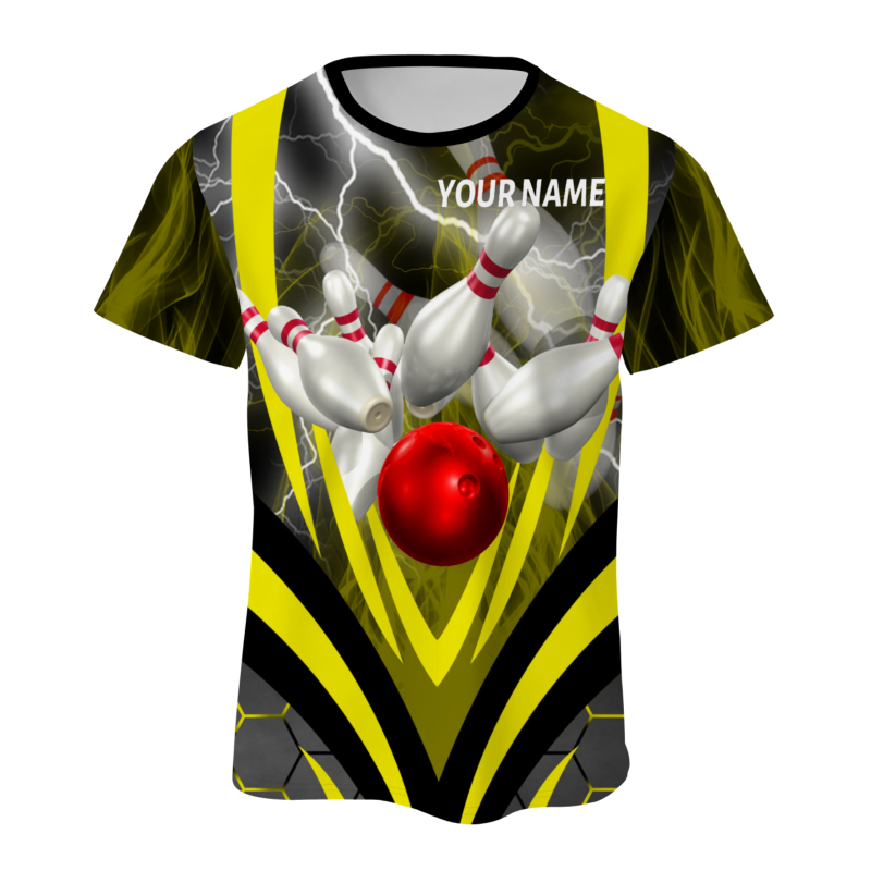 Custom  Black Yellow White Lightning Bowling Ball 3D Performance T-Shirt