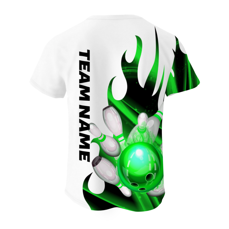 Custom White Bright Green Black 3D Pattern Design Flame Bowling Performance T-Shirt