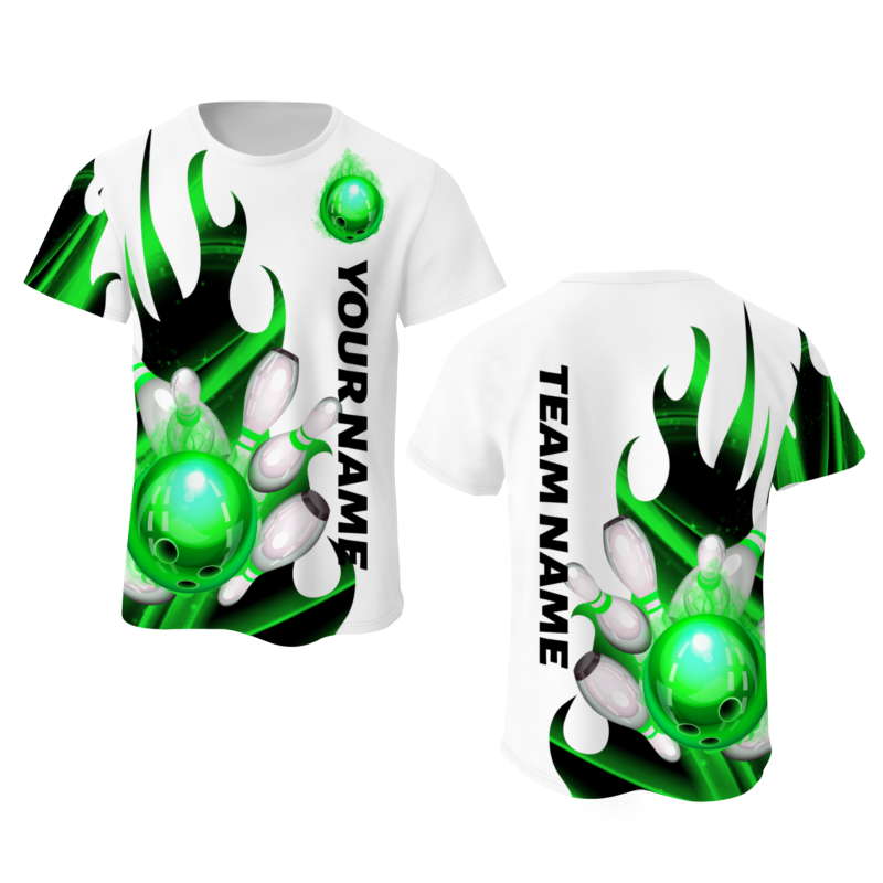 Custom White Bright Green Black 3D Pattern Design Flame Bowling Performance T-Shirt